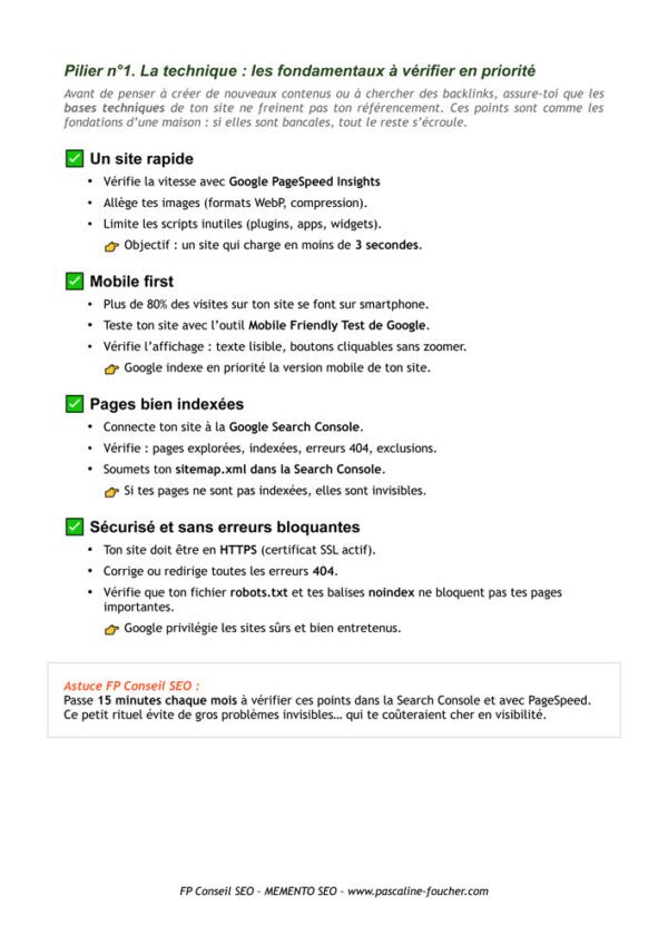 pilier n°1 la technique memento SEO pour le référencement naturel sur Google et les IA