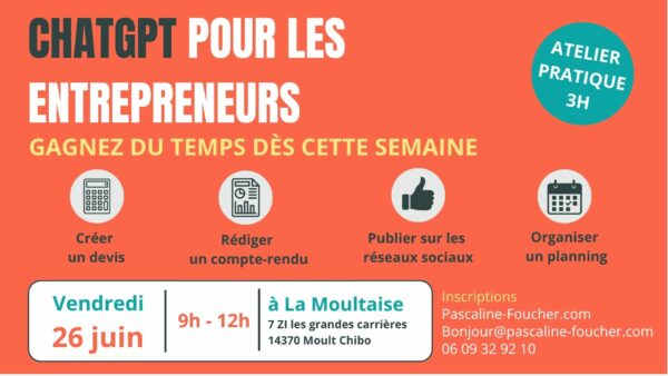 affiche FB ChatGPT pour les entrepreneurs atelier pratique IA ChatGPT